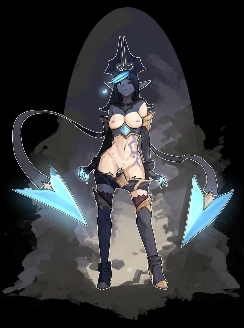 armwear black_hair blue_eyes blue_hair boots bottomwear bottomwear_pull breasts clothed clothing clothing_pull elbow_gloves eyebrow_through_hair eyebrows female footwear genitals gloves hair handwear heart_symbol high_heeled_boots high_heels horn humanoid_pointy_ears legwear looking_at_viewer multicolored_hair navel nipples no_underwear not_furry one_eye_closed outline pointy_ears pubes pussy shoes shorts shorts_pull simple_background small_breasts smile solo standing tattoo thigh_boots thigh_highs translucent translucent_hair undressing white_outline shuuko league_of_legends riot_games tencent evelynn_(lol) demon horned_humanoid humanoid mammal absurd_res alpha_channel full-length_portrait hi_res portrait