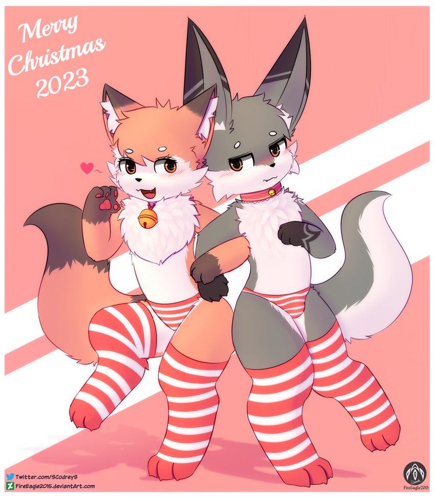 anthro bell bell_collar blush bulge claws clothing collar duo fangs female fur fur_markings heart_symbol holding_arm holidays legwear male male/female markings one_leg_up open_mouth paws raised_leg standing stockings tail teeth text underwear senz christmas nia_(senz) sean_(senz) canid canine fox iradeon mammal absurd_res hi_res url