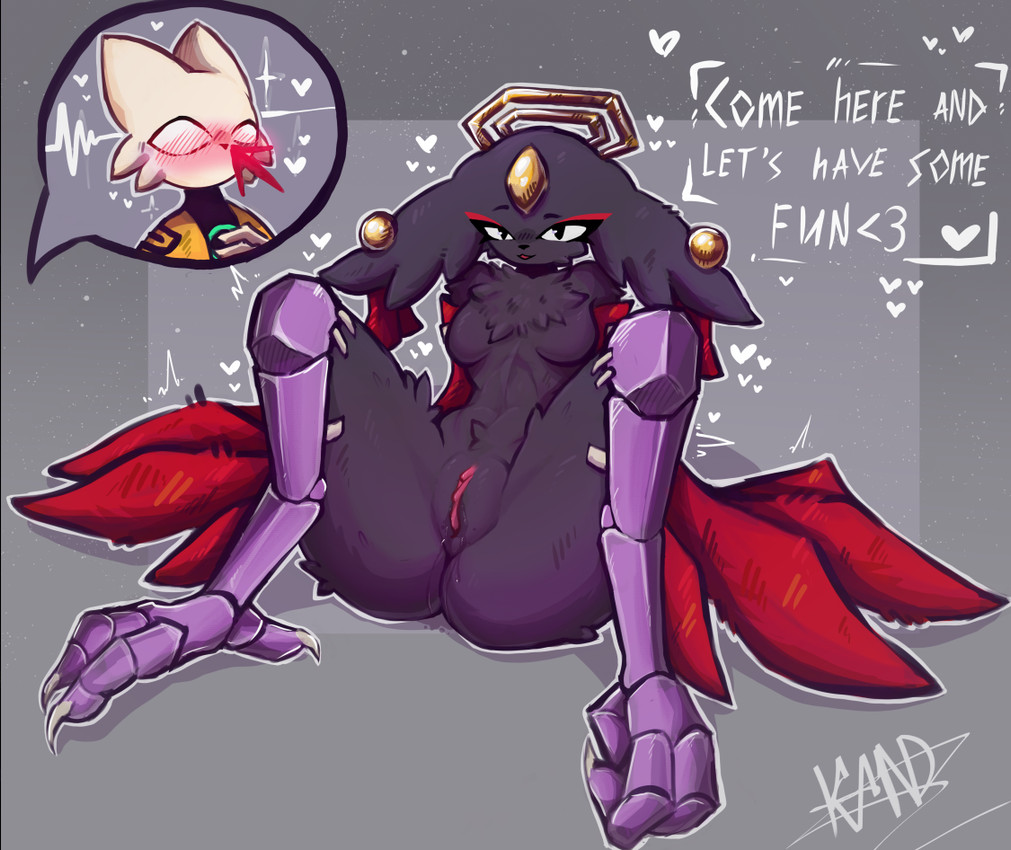anthro avian_feet big_ears black_body black_eyes black_fur black_nose blood blush blush_lines bodily_fluids breasts chest_tuft dialogue duo ear_piercing empty_eyes eyeshadow feathered_wings feathers featureless_breasts female floppy_ears forehead_gem front_view fur gem genital_fluids grey_background halo heart_symbol inviting_to_sex lop_ears makeup male mouthless navel nosebleed nude piercing prosthetic prosthetic_leg prosthetic_limb red_body red_eyeshadow red_feathers simple_background sitting small_breasts spread_legs spreading tan_body tan_fur text thick_thighs tuft vaginal_fluids vulva wide_hips winged_arms wings konduktor nine_sols red_candle_games goumang_(nine_sols) yi_(nine_sols) felid feline mammal solarian