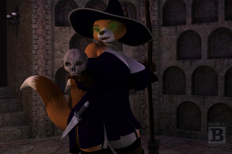 anthro big_breasts biped bone breasts brown_body brown_fur brown_nose cleavage clothed clothing dagger dress female fur glowing glowing_eyes green_eyes hat headgear headwear legwear lips magic_user melee_weapon multi_tail orange_body orange_fur skull smile solo staff standing stockings tail text weapon white_body white_fur wide_hips witch blx24 canid canine fox mammal 2016 3:2 3d_(artwork) digital_media_(artwork) english_text hi_res