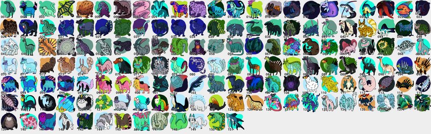 anthro antlers beak biped blue_body blue_markings brown_body ear_tuft feathered_crest feathered_wings feathers fin frill_(anatomy) fur green_body green_markings head_crest horn hors long_body long_ears long_neck markings membrane_(anatomy) membranous_wings neck_frill number orange_body partitioning pink_body pink_markings purple_body purple_markings quadruped red_markings ring_(marking) ringed_tail side_view sitting solo spots spotted_body standing striped_markings striped_tail stripes tail tail_markings tuft white_body white_fur wings shestaroo bandai_namco digimon nintendo pokemon fish mammal marine monster unknown_species absurd_res digital_media_(artwork) full-length_portrait hi_res multiple_images portrait