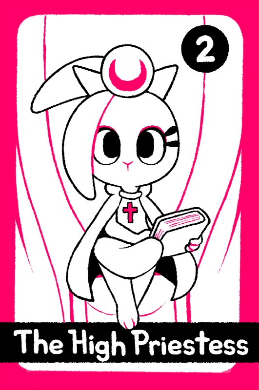 3_toes anthro biped book card card_template clothing cross eyelashes feet female fortune_telling looking_at_viewer major_arcana mouthless number simple_background sitting solo tarot tarot_card text the_high_priestess_(tarot) toes white_background conditional_dnp gaturo bonita_(gaturo) lagomorph leporid mammal rabbit 2017 english_text hi_res