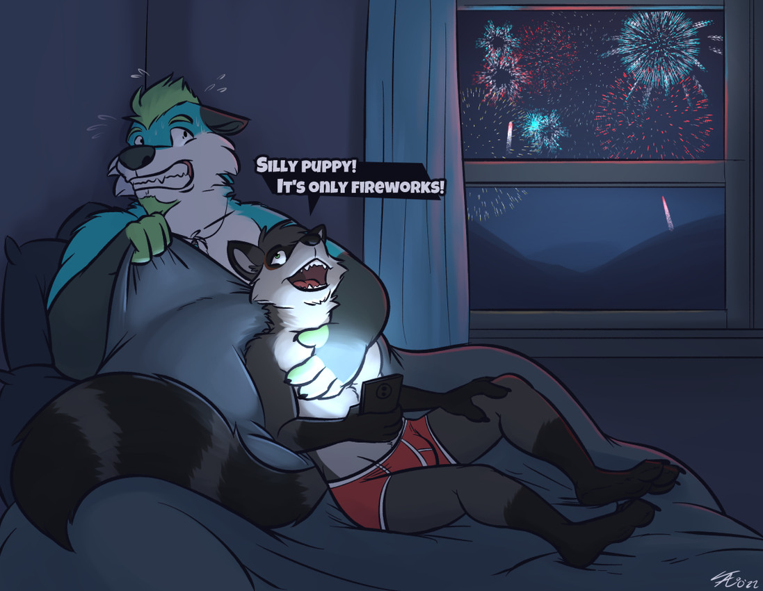 anthro bed bedding bedroom black_body black_fur blue_body blue_fur bodily_fluids boxer_briefs cellphone cheek_tuft claws clenched_teeth clothed clothing curtains dipstick_ears duo ear_markings ears_down electronics facial_hair facial_tuft finger_claws fireworks flying_sweatdrops fur furniture gloves_(marking) goatee green_body green_eyes green_facial_hair green_fur green_goatee green_hair grey_body grey_fur hair hand_on_chest holding_cellphone holding_object holding_phone holding_smartphone leg_markings looking_up_at_another male markings multicolored_ears night on_bed open_mouth phone pillow pivoted_ears red_boxer_briefs red_clothing red_underwear scared sharp_teeth smartphone socks_(marking) striped_body striped_fur striped_markings striped_tail stripes sweat sweatdrop tail tail_markings talking_to_another teeth text toe_claws tuft underwear underwear_only white_body white_fur window tanio tanio_(character) canid canine canis domestic_dog fox husky hybrid mammal nordic_sled_dog procyonid raccoon spitz 2022 dated english_text signature