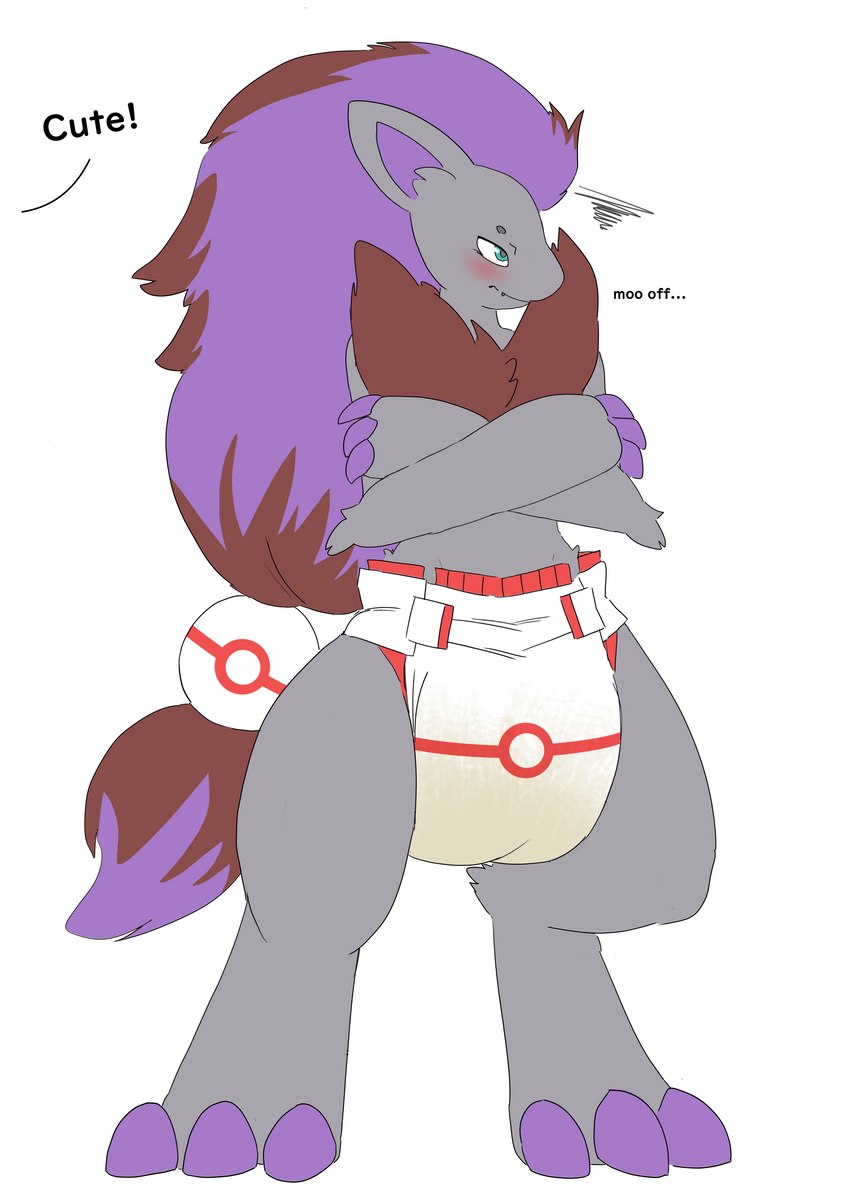 angry anthro biped blue_eyes blush bodily_fluids claws clothed clothing crossed_arms dialogue diaper diaper_only front_view fur genital_fluids grey_body grey_fur hair looking_away male mostly_nude offscreen_character pokeball pokeball_diaper premier_ball purple_claws purple_hair simple_background solo standing text topless unclean_diaper urine used_diaper wearing_diaper wet_diaper wetting white_background hardscales nintendo pokemon fan_character zor_(nya4) generation_5_pokemon pokemon_(species) shiny_pokemon zoroark 2023 absurd_res english_text hi_res