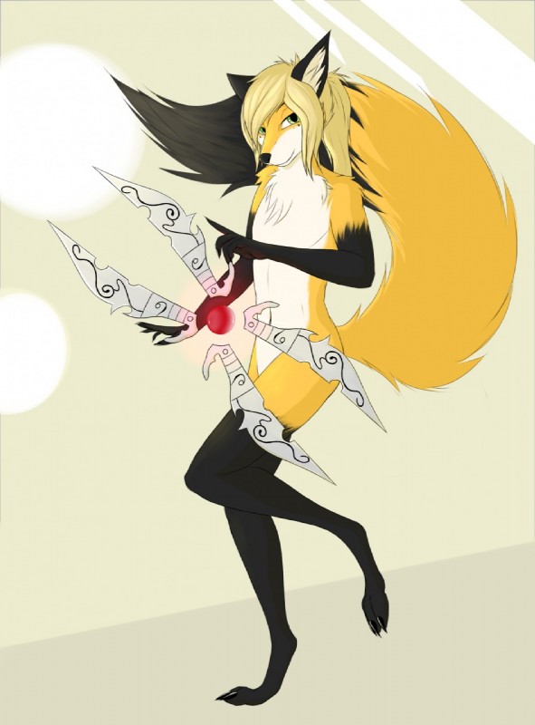 anthro black_body black_fur blade blonde_hair claws digitigrade femboy fur green_eyes hair male simple_background solo white_background white_body white_fur yellow_body yellow_fur reddyrennard league_of_legends riot_games tencent irelia_(lol) nirai canid canine fox mammal hi_res