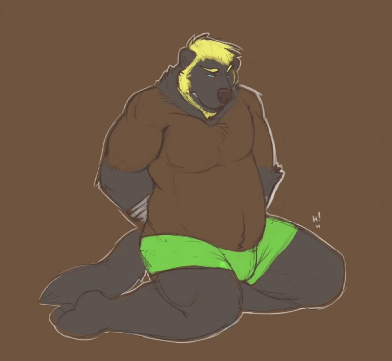 anthro barefoot biceps big_muscles biped blonde_hair blue_eyes clothed clothing feet fur hair male muscular muscular_anthro muscular_male solo tail topless horrorbuns kuzuri gulonine mammal mustelid musteline wolverine