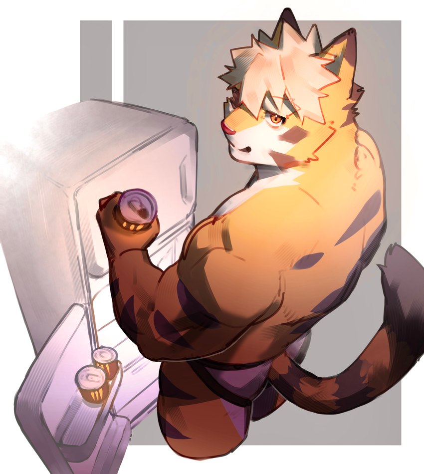 anthro appliance blonde_hair butt clothed clothing fridge fur hair holding_jar jockstrap jockstrap_only kitchen_appliance looking_at_viewer male muscular muscular_anthro muscular_male solo striped_body striped_fur stripes tail topless underwear underwear_only white_body white_fur yellow_body yellow_fur pu94_d1de4c felid mammal pantherine tiger absurd_res hi_res