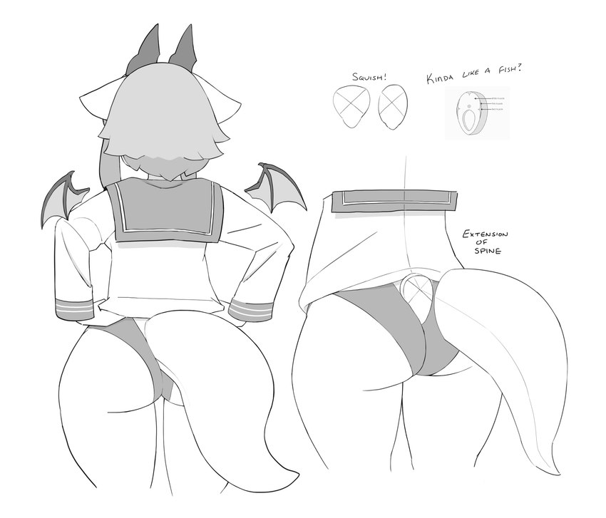 anthro big_butt breasts butt clothing diagram female hair horn notes rear_view sailor_uniform short_hair small_wings solo tail text thick_tail thick_thighs underwear wings liteee mythology dragon mythological_creature mythological_scalie scalie hi_res monochrome