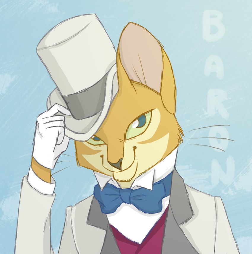 anthro bow_tie clothed clothing fur gloves green_eyes handwear hat headgear headwear male male_anthro smile solo suit tan_body tan_fur text top_hat graystripe64 ghibli the_cat_returns baron_humbert_von_gikkingen domestic_cat felid feline felis mammal 2011 character_name digital_drawing_(artwork) digital_media_(artwork) english_text hi_res shaded