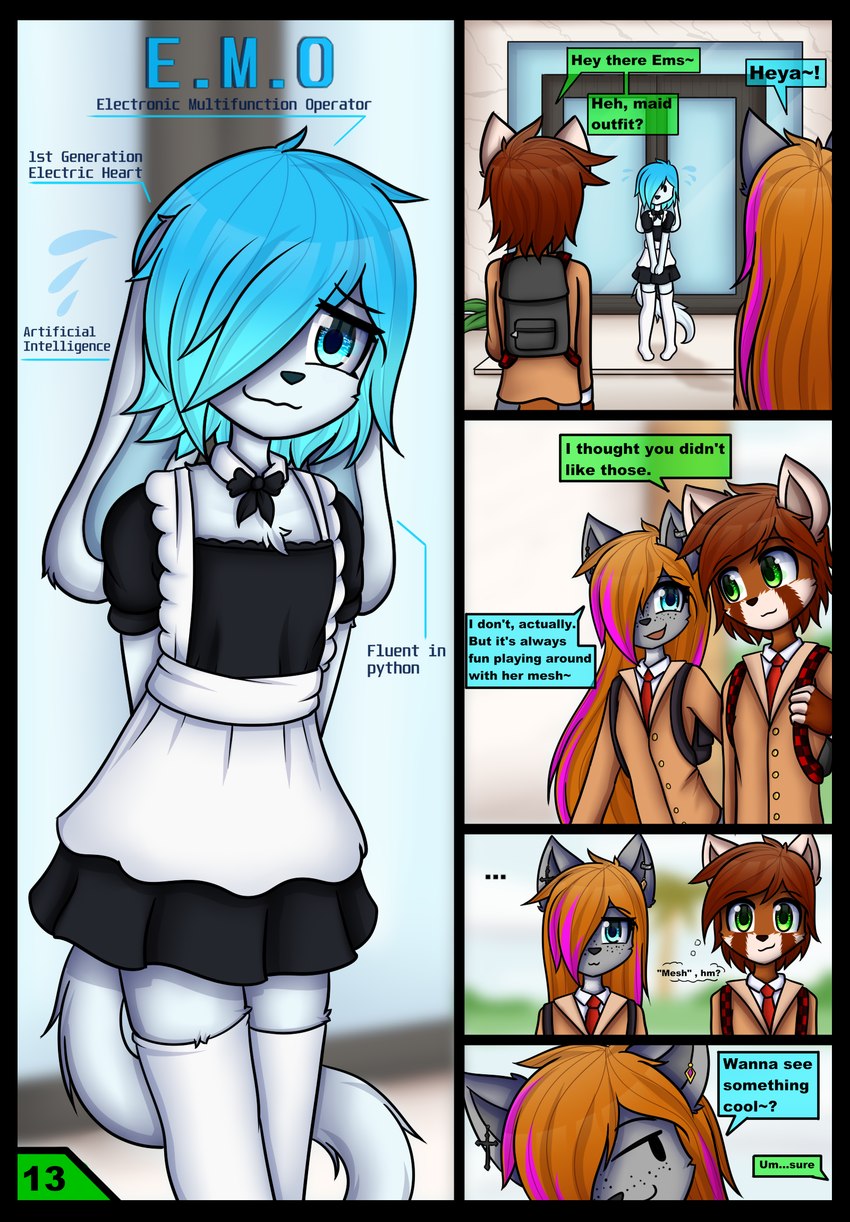 adolescent anthro artificial_intelligence clothing dialogue female group machine maid_uniform male school_uniform text trio uniform young young_anthro dream_mirage the_neon_city axel_biersack e.m.o kayla_kitsune ailurid android canid canine canis digital_creature fox hybrid mammal red_panda robot unknown_species wolf comic english_text hi_res