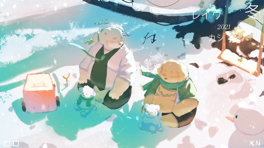 bottomwear clothing duo kemono male necktie outside overweight overweight_male shirt shorts sitting snowman topwear winter xinnai0485 xinnainai lifewonders tokyo_afterschool_summoners cu_sith_(tas) leib_(tas) bear canid canine canis domestic_dog mammal polar_bear ursine 16:9 2021 hi_res widescreen