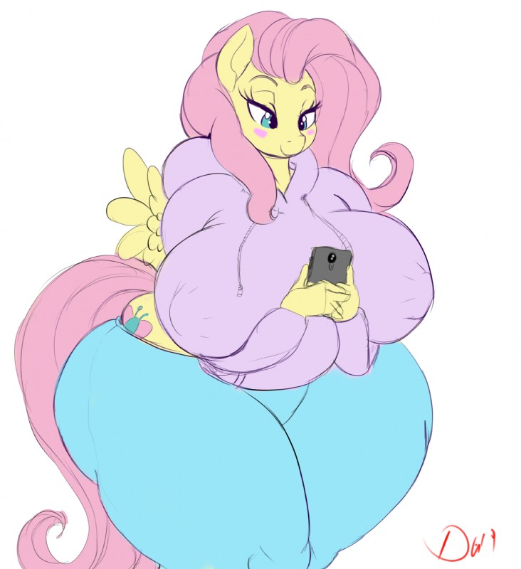 anthro big_breasts bottomwear breasts cellphone clothed clothing curvy_figure electronics female hoodie huge_breasts leggings legwear nipple_outline overweight overweight_anthro overweight_female pants phone smartphone solo thick_thighs topwear wide_hips wings thelunarmoon friendship_is_magic hasbro my_little_pony mythology fluttershy_(mlp) equid equine mammal mythological_creature mythological_equine pegasus hi_res