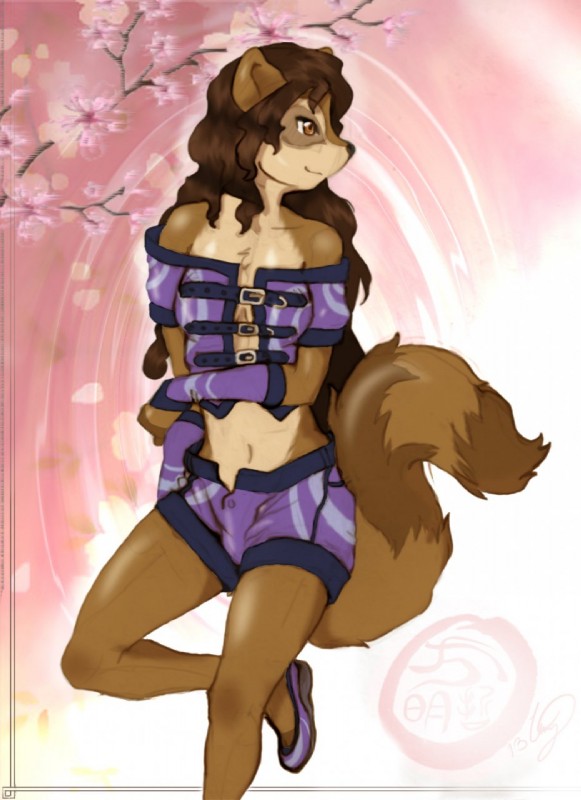 amber_eyes anthro arm_warmers armwear biped bottomwear breasts brown_body brown_fur buckle cherry_blossom cleavage clothed clothing female flower footwear fur hair long_hair open_top plant prunus_(flower) shoes shorts smile solo standing cainethelongshot madeline_(cainethelongshot) mammal procyonid raccoon 2013 hi_res