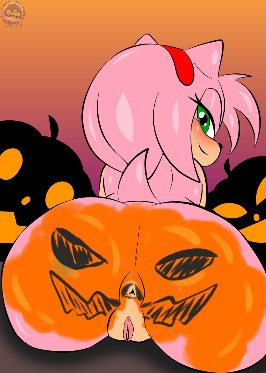 accessory anthro anus blush breasts butt butt_focus female food fruit fur genitals gradient_background green_eyes hair hair_accessory holidays jack-o'-lantern looking_at_viewer looking_back looking_back_at_viewer nude paint pink_body pink_fur pink_hair plant pumpkin pumpkin_butt pussy simple_background solo sirjzau halloween sega sonic_the_hedgehog_(series) amy_rose eulipotyphlan hedgehog mammal 2024 absurd_res digital_media_(artwork) digital_painting_(artwork) hi_res