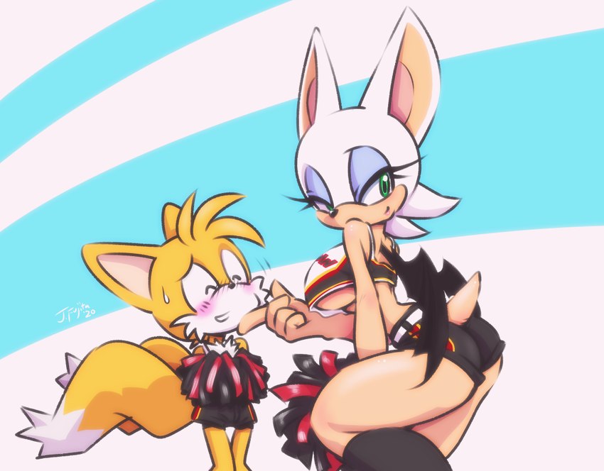 age_difference anthro blush bottomwear bulge cheerleader clothed clothing crossdressing duo female finger_on_chin male male/female older_female pom_poms shorts younger_male j-fujita sega sonic_the_hedgehog_(series) miles_prower rouge_the_bat bat canid canine fox mammal