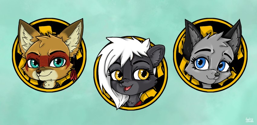 anthro black_body black_fur blue_eyes brown_body brown_fur chibi female fur green_eyes grey_body grey_fur group hair male sticker trio white_hair yellow_eyes ziegelzeig bad_guy_cafe ake'cheta_(knoton13) clara_white roxxie_elwyn_(akecheta) canid canine canis coyote fox mammal mephitid skunk hi_res