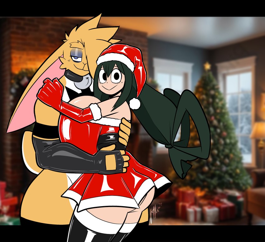 anthro big_breasts breasts canon_x_oc christmas_clothing clothing duo female holidays hug looking_at_viewer male male/female lettuce_(artist) christmas my_hero_academia 0r0 asui_tsuyu amphibian amphibian_humanoid animal_humanoid frog_humanoid humanoid lagomorph leporid mammal quirked_human_(my_hero_academia) rabbit absurd_res hi_res