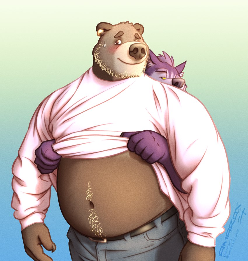 anthro beard blush body_hair bottomwear clothed clothing clothing_lift duo ear_piercing ear_ring facial_hair hair happy_trail male male/male musclegut muscular pants piercing presenting_belly ring_piercing standing sweater topwear amarox amarox_(character) ewan_(amarox) bear brown_bear canid canine canis grizzly_bear mammal ursine wolf hi_res