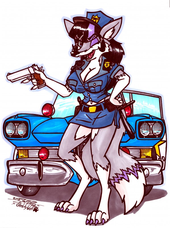 anthro big_breasts bottomwear breasts car cleavage clothed clothing female gun highlights_(coloring) looking_at_viewer motor_vehicle officer purple_eyes purple_highlights ranged_weapon skirt vehicle vintage_car weapon sketchywolf-13 edsel ford foxy_caine canid canine fox mammal absurd_res hi_res traditional_media_(artwork)