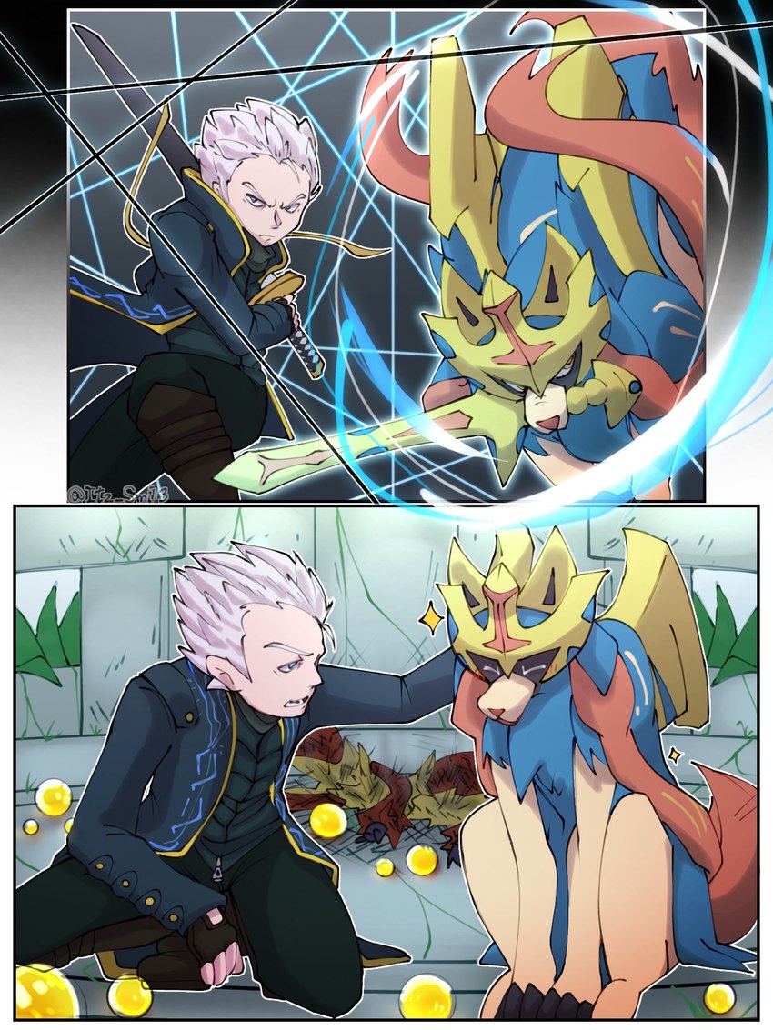 ambiguous_gender blue_body blue_eyes blue_fur blush clothed clothing duo feral fur hair male orange_body quadruped tan_body white_hair itz_smi73 capcom devil_may_cry family_guy_death_pose nintendo pokemon pokemon_unite vergil_(devil_may_cry) delphox generation_6_pokemon generation_8_pokemon human legendary_pokemon mammal pokemon_(species) zacian 3:4 hi_res meme