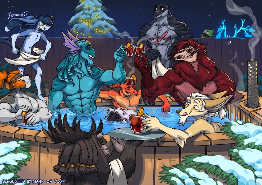 abs anthro antlers being_watched beverage black_nose blue_body blue_fur blue_hair blue_skin female fur grey_body grey_fur group hair horn hot_tub licking licking_lips looking_at_another male male_focus muscular muscular_anthro muscular_male night nude nude_male orange_body orange_hair orange_scales plant pseudo_hair red_body red_fur scales skinny_dipping tan_body tan_fur tentacle_hair tentacles tongue tongue_out towel towel_only water white_body white_fur white_hair zummeng alexander_(zummeng) chili_(zummeng) christopher_(zummeng) darnell_(zummeng) leopold_(zummeng) luna_(zummeng) lynus_(zummeng) miralle nigel_(zummeng) rah_jan_(zummeng) shen_(zummeng) tristan_(zummeng) canid canine cephalopod coleoid deer deity demon domestic_cat elemental_creature elvian felid feline felis fennec_fox fish flora_fauna fox haplorhine hybrid jackalope lagomorph leporid lion lizard mammal marine mollusk monkey octopodiform pantherine primate rabbit reptile rhinoceros scalie shark true_fox 2025 digital_media_(artwork) hi_res brother_(lore) brothers_(lore) sibling_(lore)