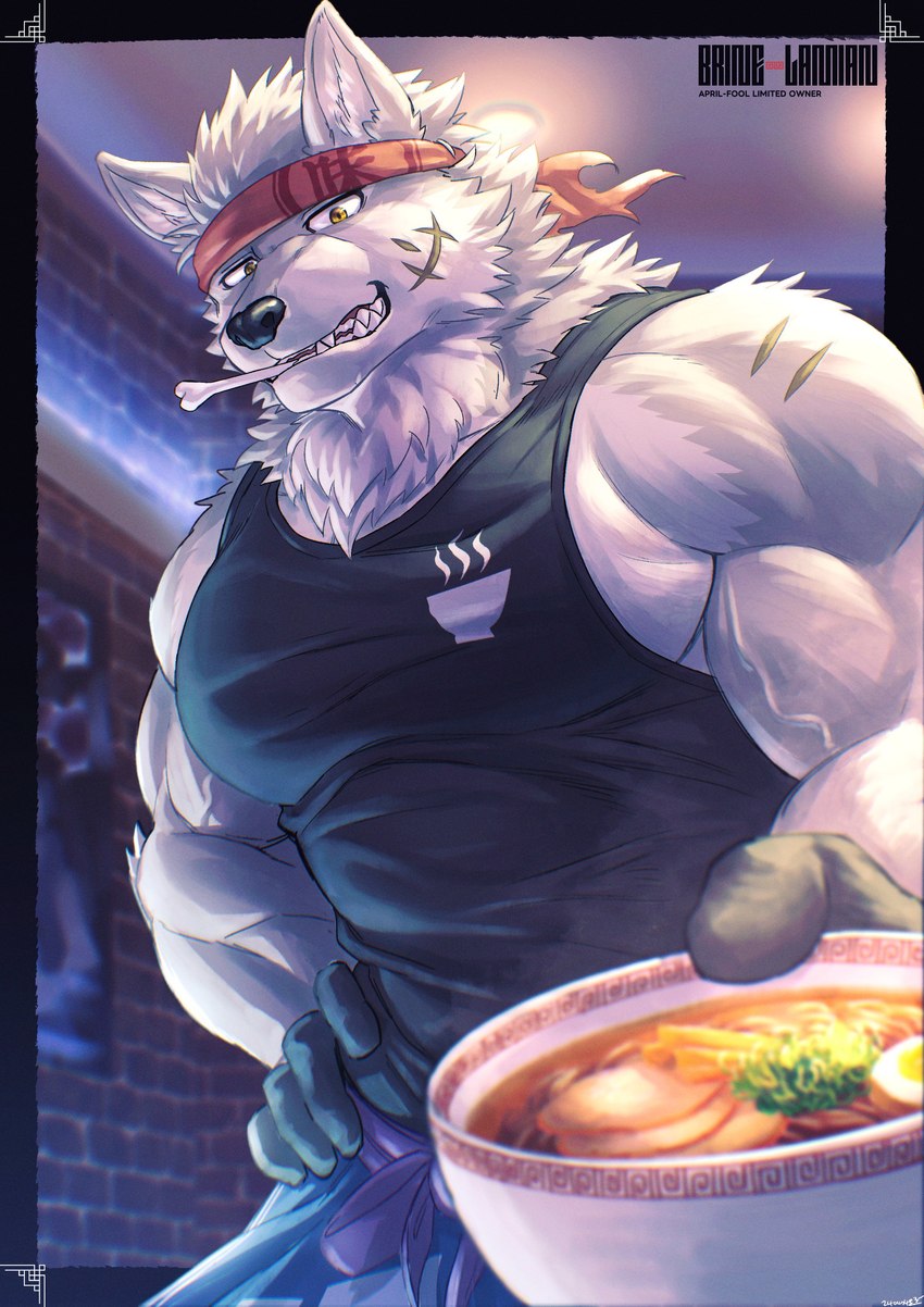 alternate_species barazoku black_nose border food holidays humanoid_hands male muscular noodles ramen solo text rotsw april_fools'_day menko_kansui canid canine canis mammal wolf 2024 absurd_res colored digital_media_(artwork) digital_painting_(artwork) english_text hi_res shaded soft_shading