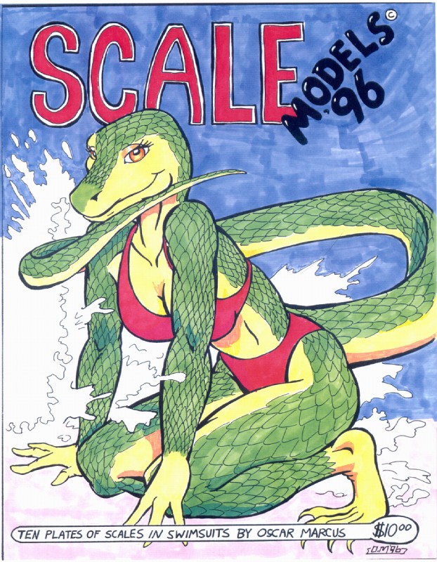 anthro beach big_breasts bikini biped breasts clothed clothing day feet female green_body green_scales non-mammal_breasts orange_eyes outside pose scales seaside sitting skimpy solo swimwear tail talons text tight_clothing toes two-piece_swimsuit water oscar_marcus lizard monitor_lizard reptile scalie 1996 cover cover_art cover_page english_text pinup