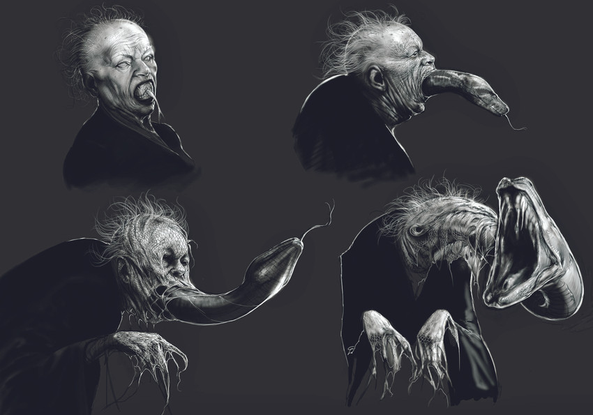 black_clothing body_horror cataract clothing corpse creepy cursed_image dark death duo elderly female grey_background horror_(theme) nightmare_fuel open_mouth parasite progression scales simple_background swallowing swallowing_parasite tongue tongue_out transformation what_has_science_done where_is_your_god_now white_eyes unknown_artist harry_potter_(series) bathilda_bagshot nagini_(harry_potter) human mammal reptile scalie snake concept_art hi_res monochrome official_art