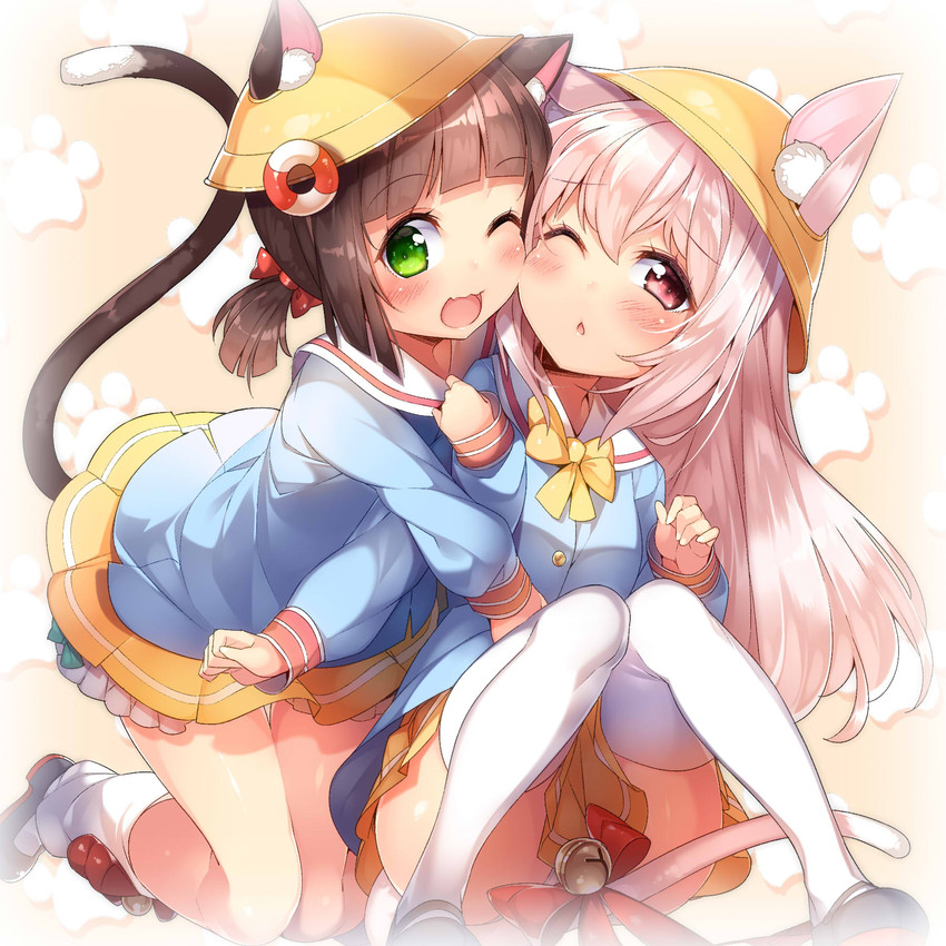 bell clothing cuddling duo female female/female hat headgear headwear kindergarten panties ribbons smile underwear uniform young young_female young_humanoid kokkahan azur_lane kisaragi_(azur_lane) mutsuki_(azur_lane) animal_humanoid domestic_cat felid feline felis humanoid mammal 1:1 hi_res