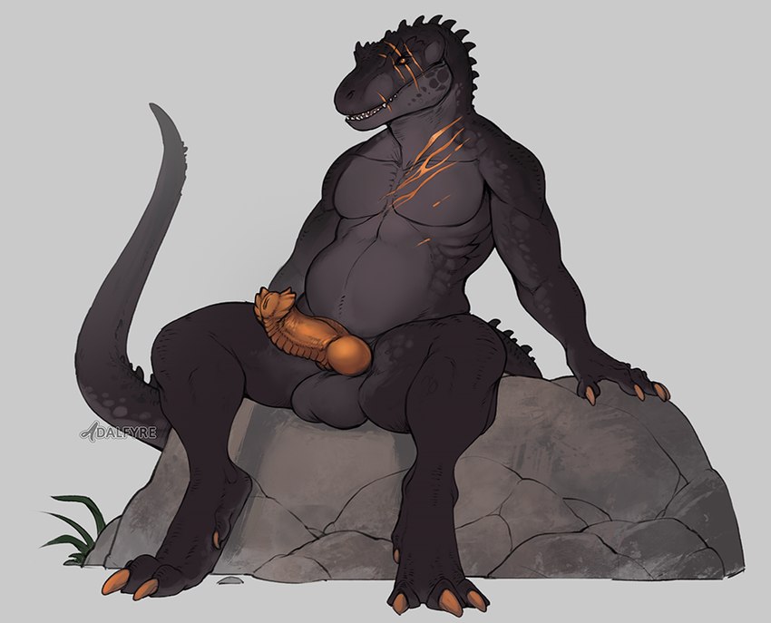 anthro balls claws erection genitals male male_anthro non-mammal_balls nude on_rock orange_eyes orange_penis penis rock scar sharp_teeth simple_background sitting sitting_on_rock solo tail teeth adalfyre dinosaur prehistoric_species reptile scalie theropod tyrannosaurid tyrannosauroid tyrannosaurus tyrannosaurus_rex digital_media_(artwork)