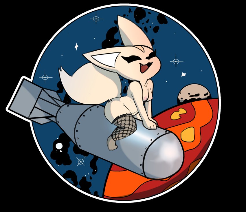 anthro bomb breasts clothing emblem explosives female fishnet_clothing fishnet_legwear legwear moon navel nebula nipples planet pose riding simple_background smile solo space star tail transparent_background viofsa aggretsuko sanrio fenneko canid canine fennec_fox fox mammal true_fox 2025 alpha_channel digital_media_(artwork) hi_res pinup
