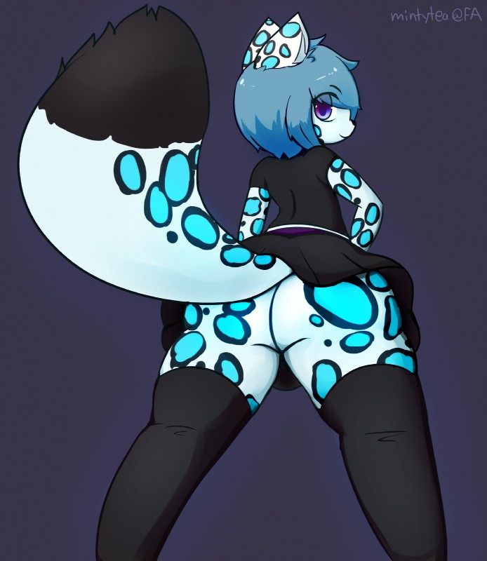 anthro bottomwear butt clothed clothing crossdressing femboy fur hair legwear looking_at_viewer male shirt skirt smile solo spots stockings tail tail_under_skirt topwear mintytea foolish felid mammal pantherine snow_leopard hi_res