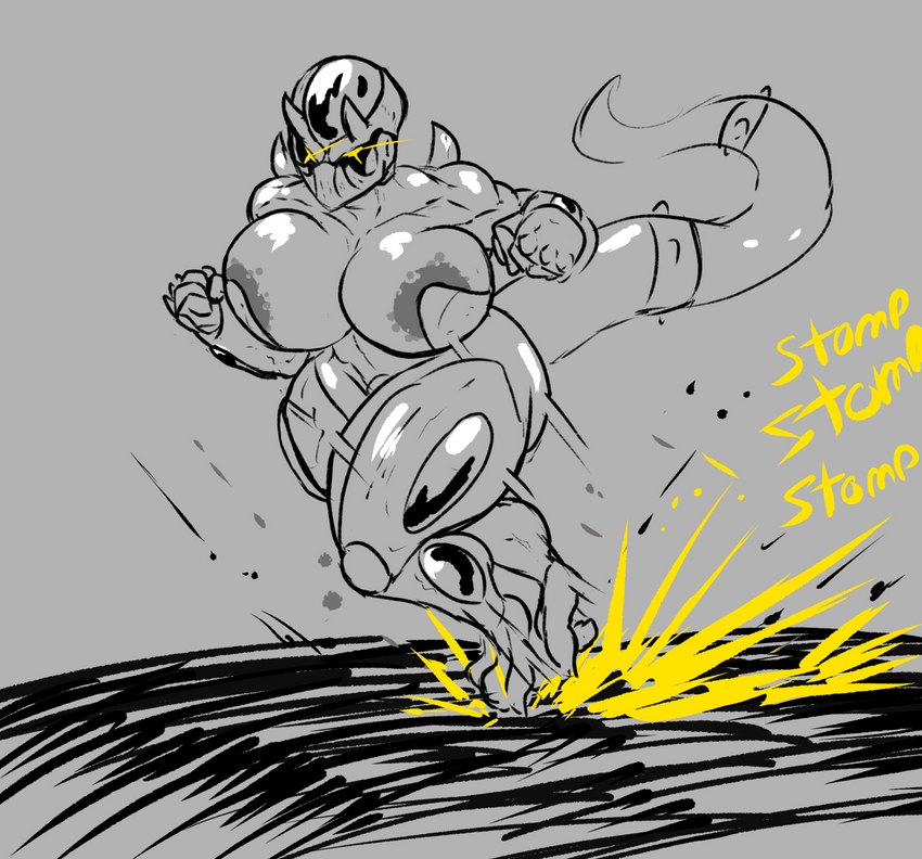 action_pose female long_tail pose solo tail tapering_tail thick_tail yellow_eyes repomorame dragon_ball frieza_race humanoid absurd_res greyscale hi_res monochrome gynomorph_(lore)