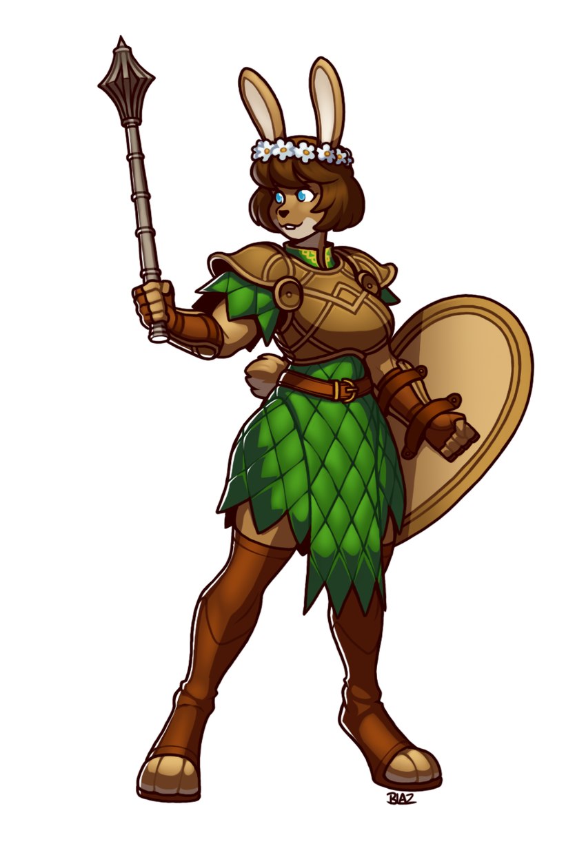 anthro armor belt blue_eyes boob_armor breastplate breasts brown_hair clothing feet female flower_garland hair mace melee_weapon shield short_hair solo toeless_legwear weapon blazbaros lagomorph leporid mammal rabbit 2024 hi_res