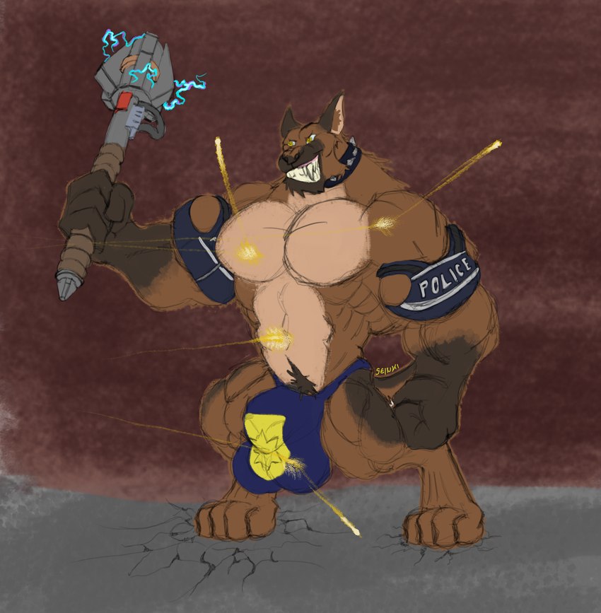 anthro balls_outline big_bulge big_muscles biped bulge bulletproof clothing cracked_ground detailed_bulge digitigrade electricity feet genital_outline grin hindpaw huge_bulge huge_muscles invincible male male_anthro maul melee_weapon muscular muscular_male paws pecs police police_vest pubes sharp_teeth smile solo teeth topwear vest weapon seinki canid canine canis domestic_dog german_shepherd herding_dog mammal pastoral_dog absurd_res hi_res