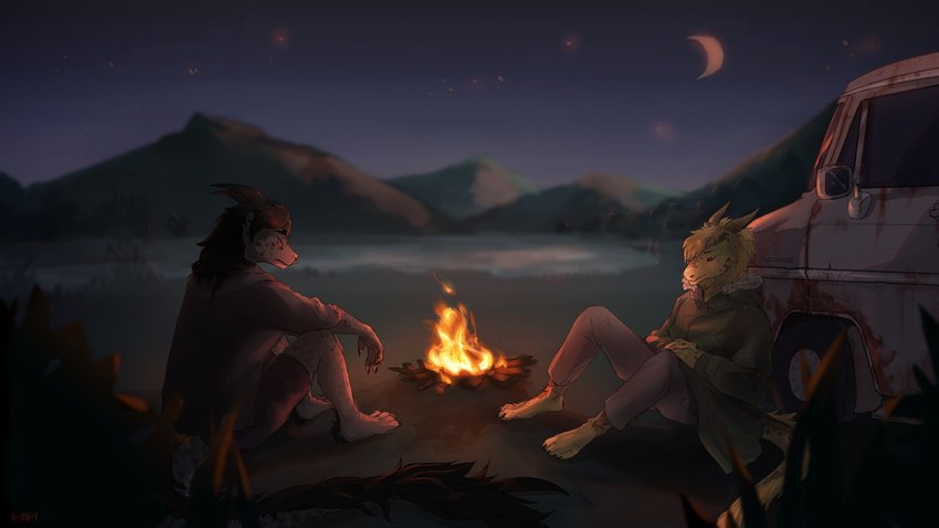 anthro beach campfire camping car clothing duo feet fire hair horn jacket lying male moon night sand star tail topwear vehicle kirkir mythology dragon eastern_dragon mythological_creature mythological_scalie scalie 2021 digital_drawing_(artwork) digital_media_(artwork) signature