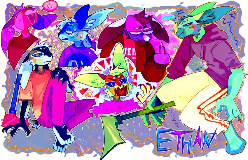 abstract_background anthro axe clothed clothing gesture hand_gesture hoodie male middle_finger open_mouth solo topwear guncht lagomorph leporid mammal rabbit colorful_theme