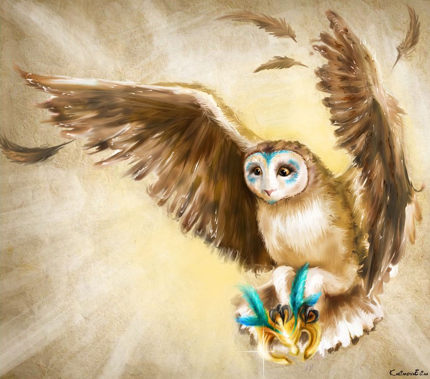 ambiguous_gender armor beak bodypaint brown_body brown_feathers face_paint feathered_wings feathers feral flying headgear helmet holding_armor holding_headgear holding_helmet holding_object loose_feather midair solo white_body white_feathers wings gabriellegrotte guardians_of_ga'hoole eglantine_(gogh) avian barn_owl bird owl tyto tytonid western_barn_owl 2011 digital_media_(artwork) digital_painting_(artwork) hi_res painting_(artwork) shaded