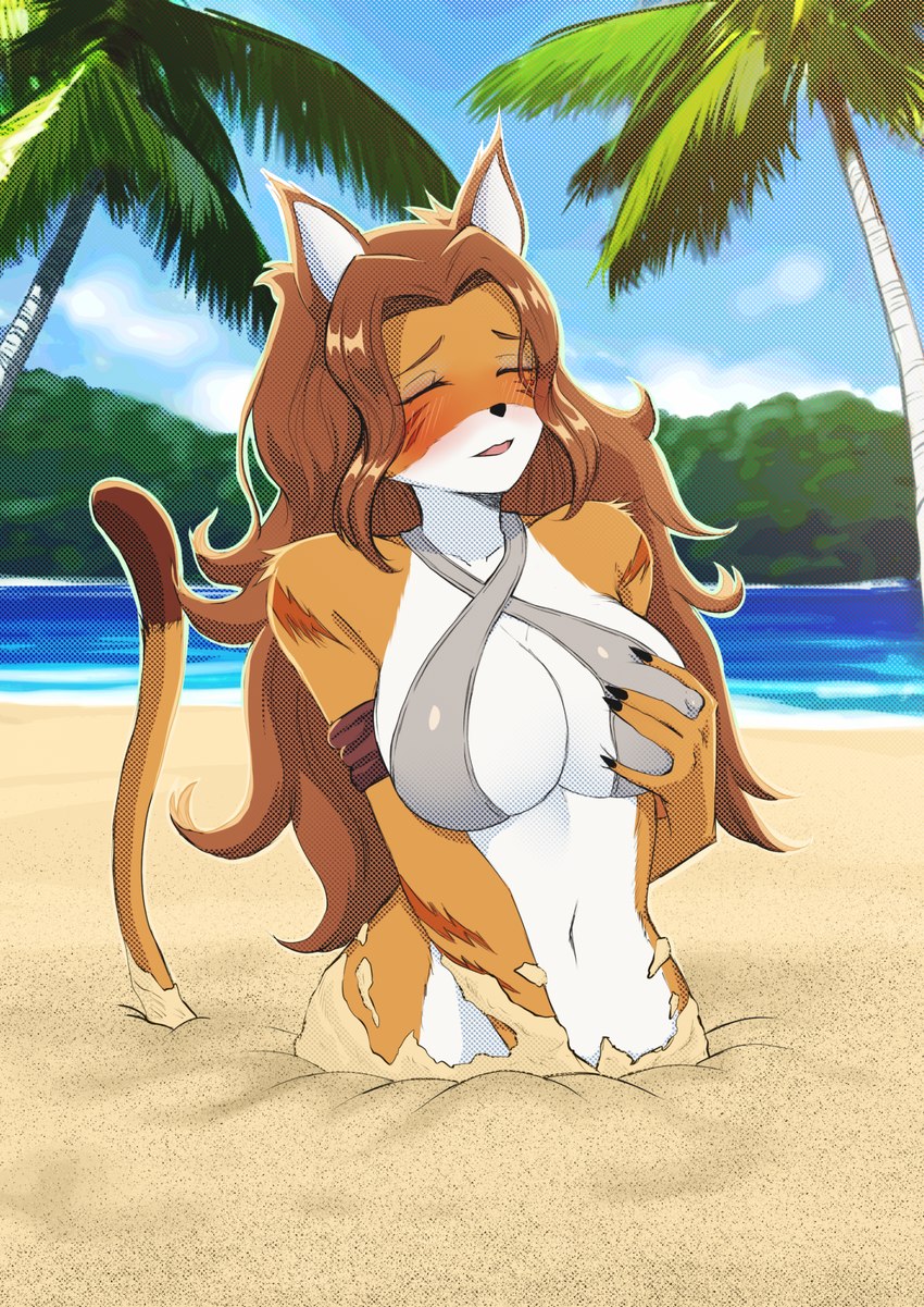 anthro arm_tuft armband beach blush breasts brown_hair clothing eyes_closed female fingering fingering_self fur hair hand_on_breast long_hair looking_pleasured masturbation navel nipple_outline obscured_masturbation open_mouth orange_body orange_fur quicksand sand seaside shoulder_tuft solo stuck topwear tuft white_body white_fur aboart00 chaotic intress mammal overworlder_(species) 2023 hi_res