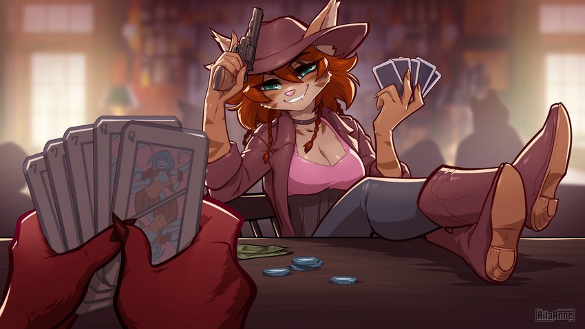 anthro auburn_hair blue_eyes boots braided_hair brown_body brown_fur card_game clothed clothing cowboy cowboy_boots cowboy_hat feet_up female footwear fur gaming group gun hair hat headgear headwear money pink_nose poker ranged_weapon red_body red_fur red_hair shoes solo_focus stripes supported_legs trigger_discipline weapon ailaanne kayla_angel robin_tinderfox felid feline mammal 16:9 hi_res widescreen