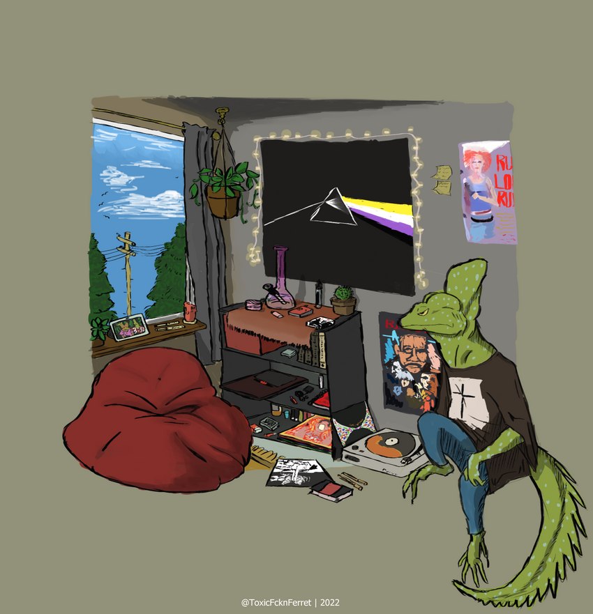 anthro band_merch bean_bag bong cactus drugs male marijuana plant solo toxicfcknworld blade_runner death_grips flying_lotus of_montreal pink_floyd run_lola_run helmeted_lizard lizard plumed_basilisk reptile scalie hi_res