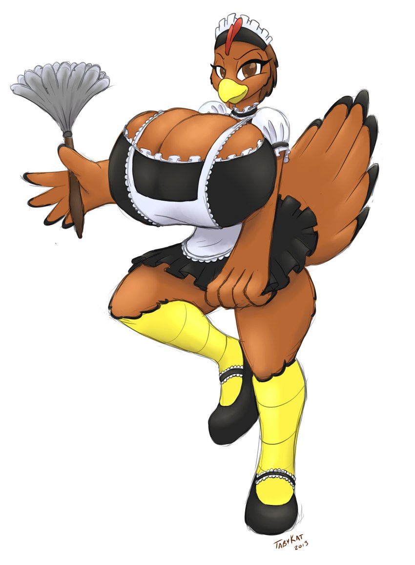 accessory anthro avian_caruncle beak bedroom_eyes big_breasts biped black_body black_feathers breast_expansion breasts brown_body brown_eyes brown_feathers cleaning_tool cleavage clothed clothing comb_(anatomy) dewlap_(anatomy) dress expansion feather_duster feather_hair feathers female footwear frilly front_view half-closed_eyes head_crest headband holding_clothing holding_dress holding_object huge_breasts hyper hyper_breasts lace looking_at_viewer maid_uniform mary_janes multicolored_body multicolored_feathers narrowed_eyes naughty_face nipple_outline non-mammal_breasts on_one_leg pose pseudo_hair seductive shoes short_dress simple_background solo standing tight_clothing two_tone_body two_tone_feathers uniform wattle white_background winged_arms wings yellow_beak yellow_body yellow_skin tabykat ruthie_(grimmagent) avian bird chicken galliform gallus_(genus) phasianid rhode_island_red 2013 absurd_res digital_media_(artwork) full-length_portrait hi_res pinup portrait