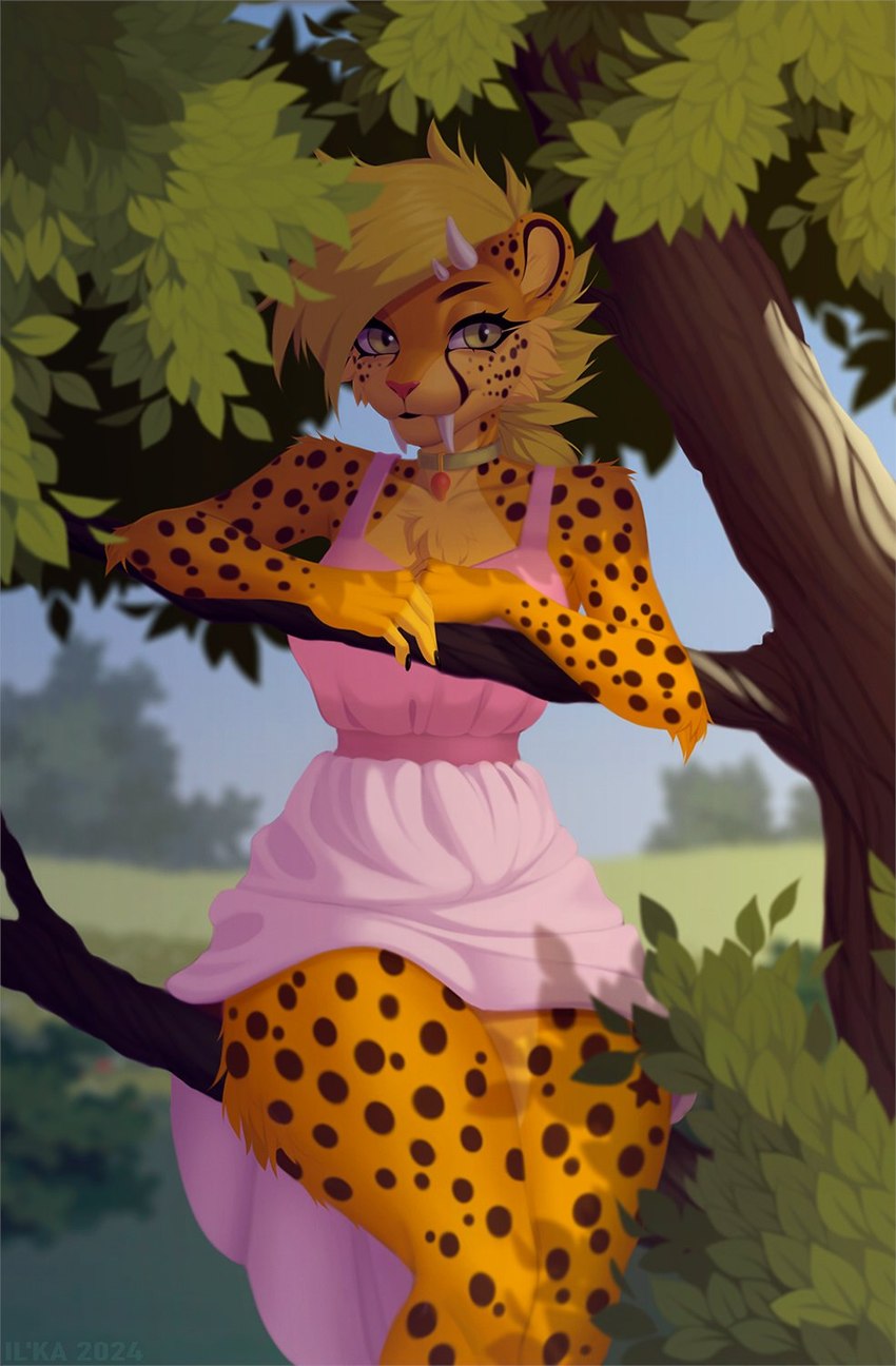 anthro blonde_hair clothed clothing collar dress fangs female hair horn looking_at_viewer multicolored_body outside plant sabertooth_(anatomy) solo teeth tree yellow_eyes il'ka felid feline mammal hi_res