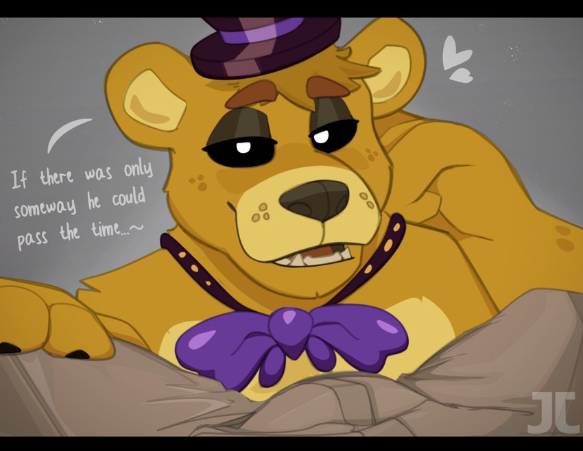 anthro black_bars black_sclera bulge clothed clothing dialogue duo ellipsis fingers first_person_view fur hat headgear headwear heart_symbol male male_pov necktie nightguard open_mouth security security_guard text white_eyes yellow_body yellow_fur jumpy_jackal five_nights_at_freddy's scottgames golden_freddy_(fnaf) bear human mammal 2023 absurd_res digital_media_(artwork) hi_res letterbox