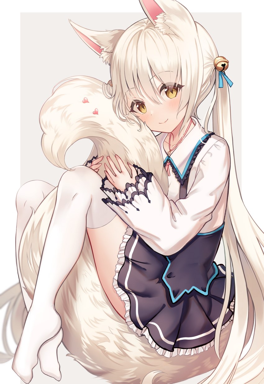 bottomwear clothing female hair heart_symbol shirt skirt solo tail tail_between_legs tail_hug topwear white_hair yellow_eyes sakura_ani animal_humanoid canid canid_humanoid canine canine_humanoid fox_humanoid humanoid mammal mammal_humanoid 2022 hi_res