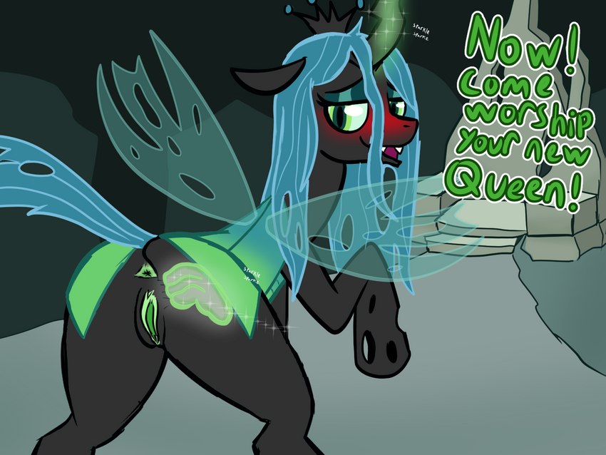 anus blush butt cave female feral genitals green_inner_pussy green_pussy magic multicolored_pussy onomatopoeia pussy solo sound_effects sparkles spread_butt spreading text two_tone_pussy weirdkoaladream friendship_is_magic hasbro my_little_pony queen_chrysalis_(mlp) arthropod changeling equid equine horse insect mammal pony 4:3 hi_res