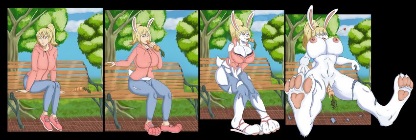 anthro base_one_layout basic_sequence bench big_breasts bodily_fluids border bottomwear breast_expansion breasts buckteeth carrot clothed clothed_to_nude clothing clothing_loss cloud day eating eating_carrot eating_food expansion feet female food foot_expansion footwear four_frame_image four_frame_sequence fully_clothed fully_clothed_to_nude fur genital_fluids grass hair heart_reaction heart_symbol holding_carrot holding_food holding_object holding_vegetable hoodie huge_breasts human_to_anthro improvised_dildo improvised_sex_toy linear_sequence mid_transformation nude on_bench one_row_layout outside pants pawpads pink_clothing pink_hoodie pink_topwear plant ponytail shoes sitting sitting_on_bench smile solo species_transformation spread_legs spreading teeth topwear transformation transformation_by_substance transformation_sequence transformation_through_food transparent_border tree vaginal_fluids vegetable whiskers white_body white_fur kriegerstein human lagomorph leporid mammal rabbit 2021 absurd_res alpha_channel hi_res sequence