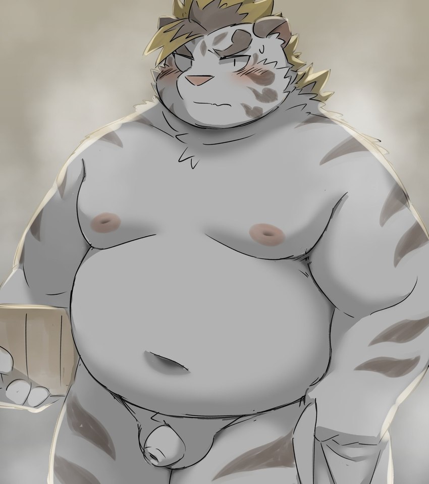 anthro balls belly blush eyewear flaccid foreskin fur genitals glasses male navel nipples nude overweight overweight_anthro overweight_male penis small_balls small_penis solo striped_body striped_fur stripes towel white_body white_fur ptcmtr lifewonders tokyo_afterschool_summoners licho_(tas) felid mammal pantherine tiger 2023 colored grey_theme hi_res restricted_palette