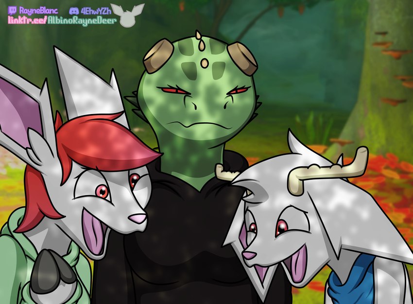 blurred_background detailed_background fur group outside red_eyes white_body white_fur albinoraynedeer laughing_wolves_meme microsoft the_elder_scrolls meer-mah rayne_blanc wynd_blanc albino argonian deer mammal new_world_deer scalie white-tailed_deer artist_name cel_shading digital_drawing_(artwork) digital_media_(artwork) hi_res meme shaded