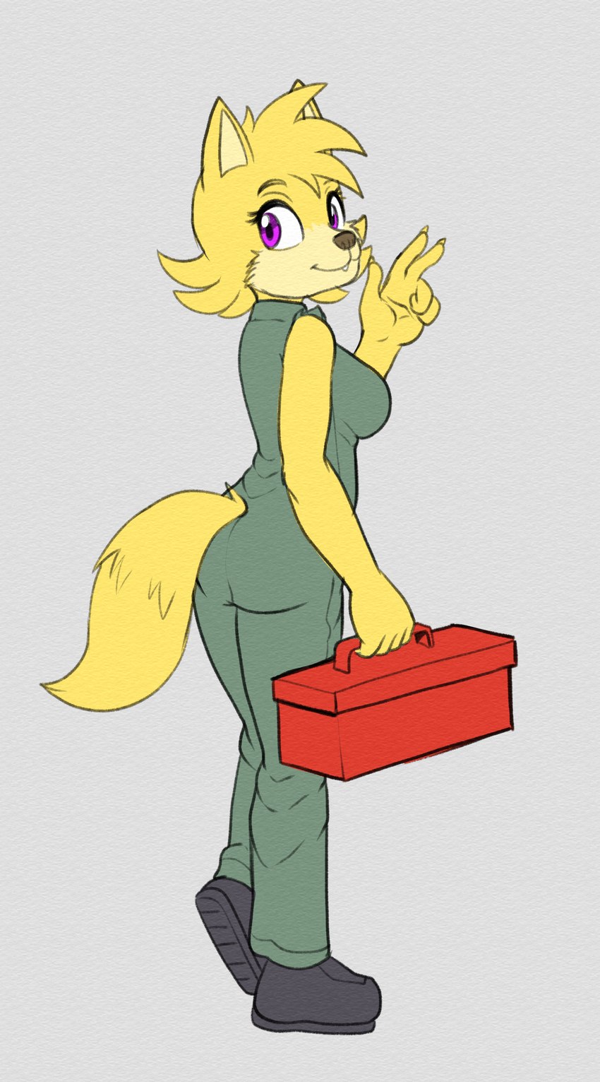 anthro clothing female fur gesture hand_gesture jumpsuit looking_back purple_eyes ripped_sleeves solo toolbox v_sign yellow_body yellow_fur fourssss ellie_the_wolf canid canine canis mammal wolf 2024 colored_sketch hi_res sketch